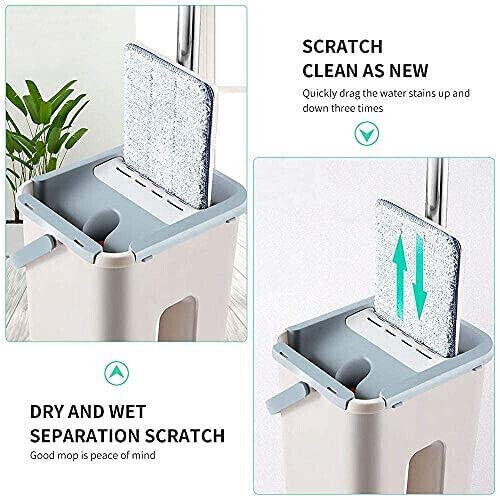 Dry Mop & Bucket Set  Flat Squeeze  10 Pads -UK Multi Functional Wash